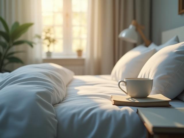 A peaceful, serene bedroom scene with soft, warm lighting, a comfortable bed, and a hint of a journal and herbal tea on a nightstand.
