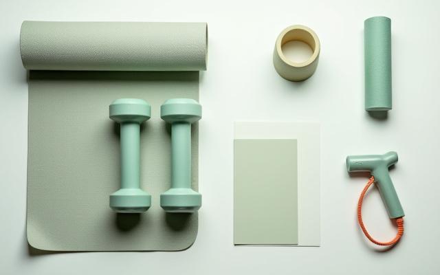Fitness gear, including a resistance band, dumbbells, foam roller, and yoga mat