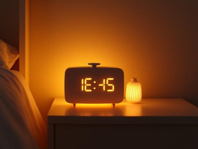 A sunrise simulation alarm clock emitting a soft, warm light in a bedroom