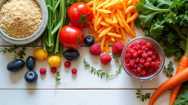 Variety of colorful, fresh, and gut-friendly foods like fermented vegetables, fruits, and probiotics, symbolizing balanced nutrition