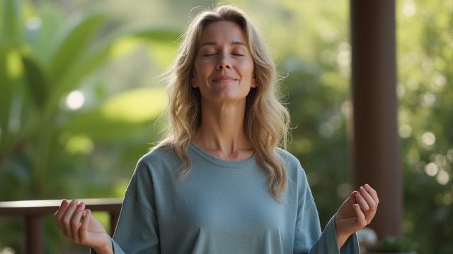 Person using deep breathing techniques in a tranquil environment, effectively managing stress and promoting calm