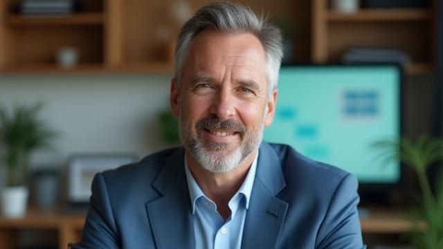 A friendly male expert presenting on a screen during a virtual seminar